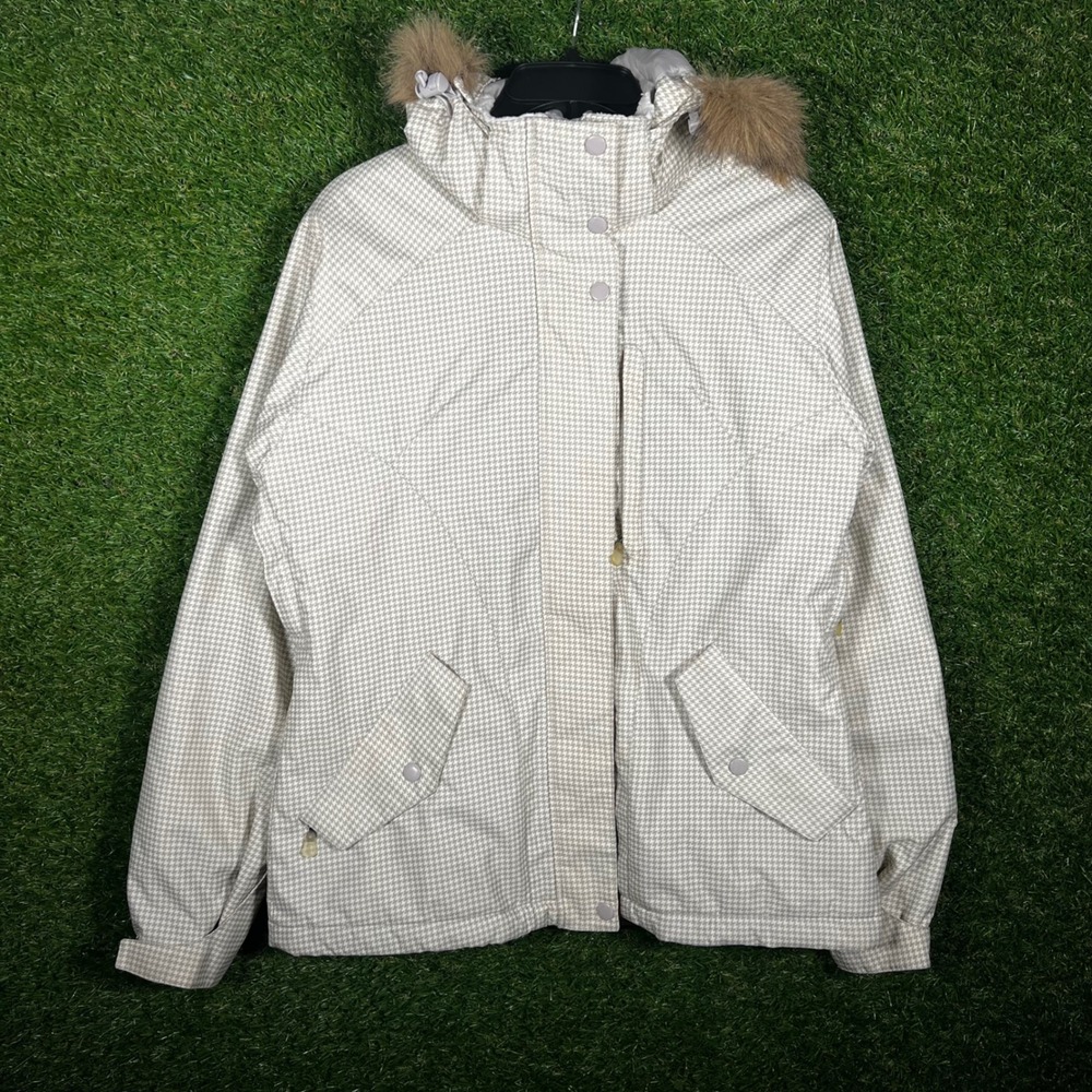 Helix‎ Snowboardwear Womens Small Tan Houndstooth Ski Jacket Faux Fur Hood